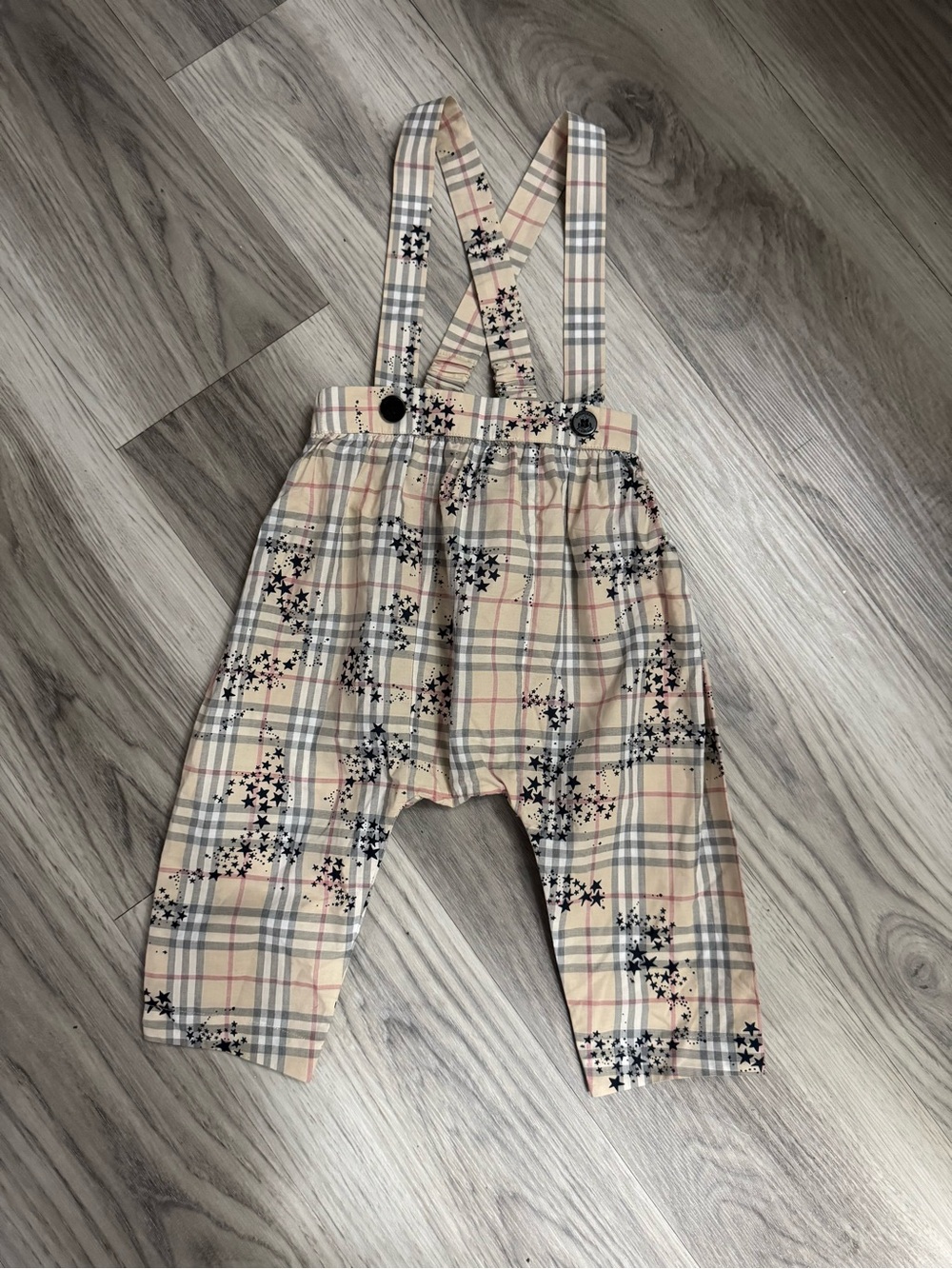 Burberry Beige Plaid Star-Print Suspender Overalls